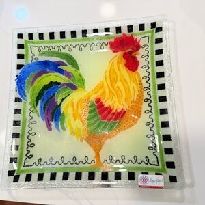 Vibrant Rooster Glass Art Plate